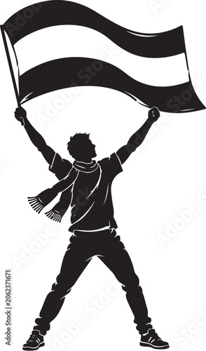 Football fan celebrating with flag raised high silhouette, minimalist black and white vector, sports supporter stadium design