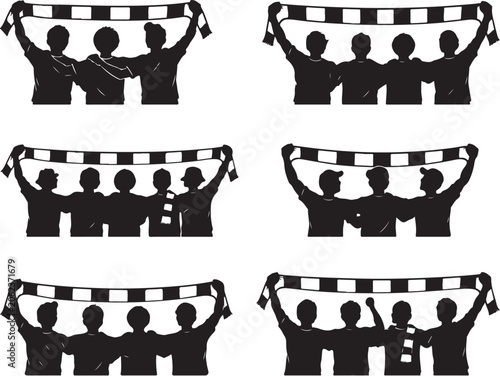Football Supporters Carrying Team Scarf Silhouette Bundle Minimalist Fan Unity Vector Illustration