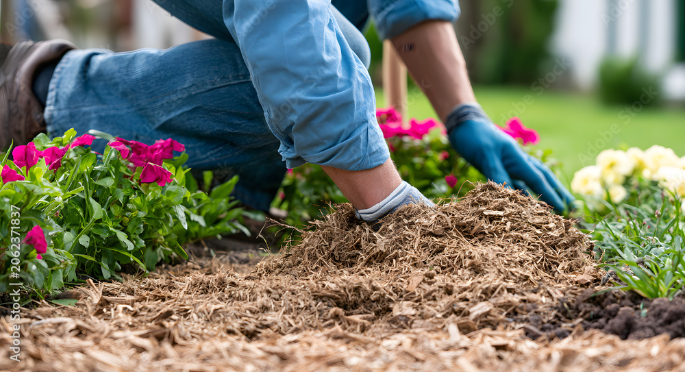 Fototapeta premium The gardener applies mulch to the flower bed to prepare for hot weather, showcasing summer care for plants, moisture retention, and seasonal maintenance practices.
