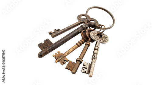 Obraz na plátně Bunch of old vintage antique metal keys on a ring isolated on transparent backgr