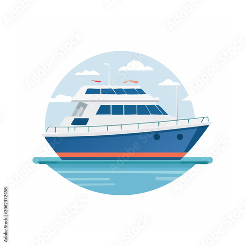 Blue and white ferry boat top view