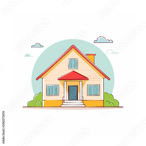 Flat design house with blue roof and green grass
