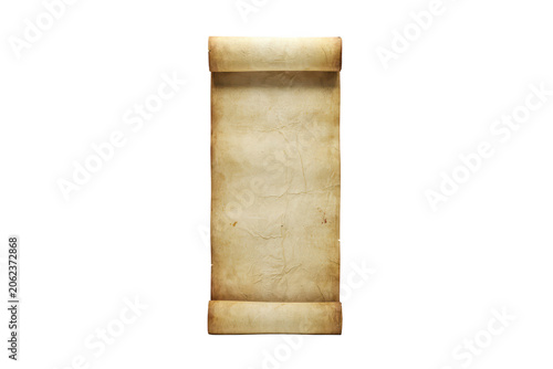 Vertical antique parchment paper scroll with rolled edges and aged texture isolated on a transparent background