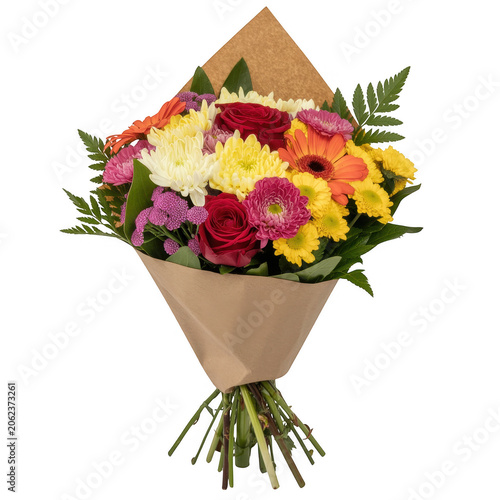 Vibrant bouquet of red roses, yellow chrysanthemums, and orange gerbera daisies wrapped in brown paper isolated on a transparent background