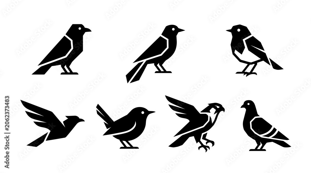 Obraz premium Minimalist Black Bird Silhouette Icons Set for Logo Design and Graphics