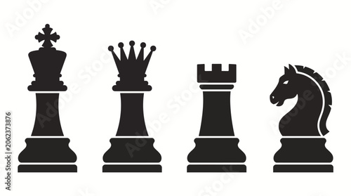 Tableau sur toile Set of Black Chess Piece Silhouettes including King Queen Rook and Knight