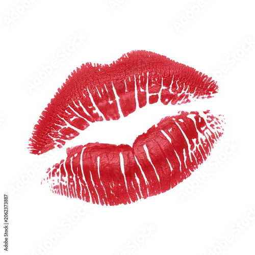 Vibrant red lipstick kiss mark with detailed lip texture and vertical skin lines on a solid black background, isolated on a, transparent background