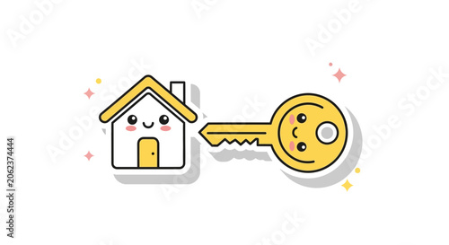 Cartoon house and key illustration concept representing real estate ownership