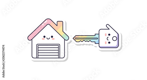 Cartoon house and key illustration for property access and ownership concept