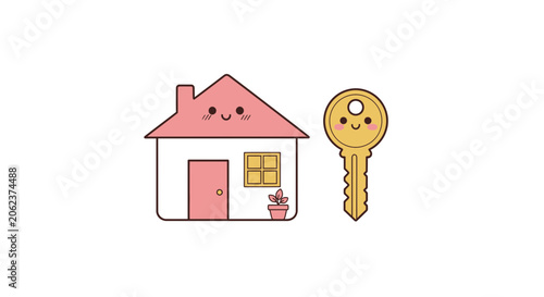 Cartoon house and key illustration for property and real estate concepts