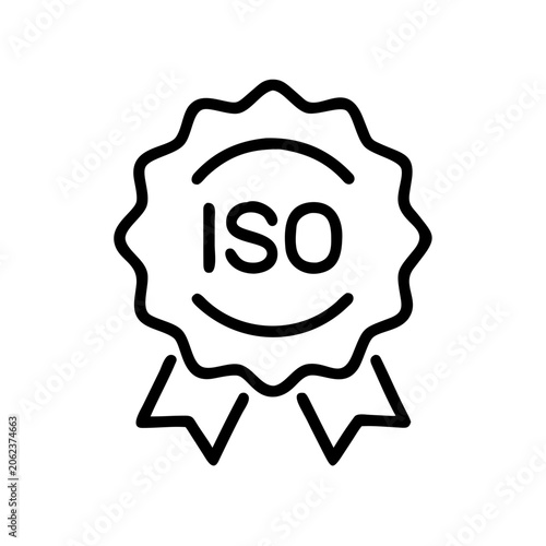 ISO certification badge icon with ribbons, international standard organization quality approval award symbol