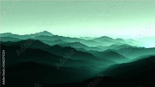 Fényképezés Misty mountain range shrouded ethereal teal mist, layers undulating peaks fade into atmospheric horizon, evoking sense profound tranquility vastness