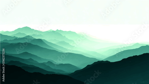Fotografie Misty mountain range veiled ethereal haze, layers emerald peaks recede into soft sky, conveying serenity solitude
