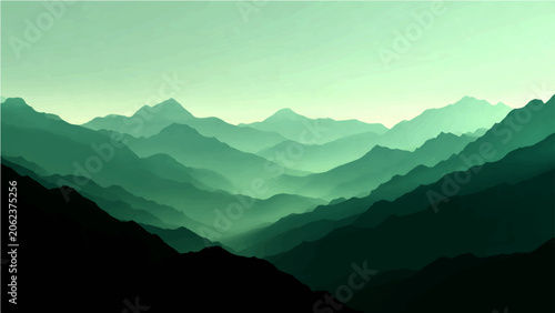 Tableau sur toile Misty mountain range landscape with layers of undulating peaks receding into ethereal haze, creating serene, atmospheric depth