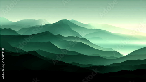 Foto Misty mountain range shrouded ethereal green haze, layers peaks receding into distant atmospheric perspective, serene, mystical landscape