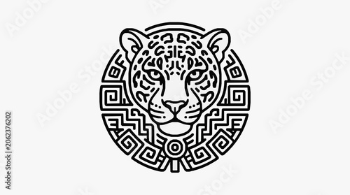 Jaguar Head Emblem with Ancient Geometric Patterns.