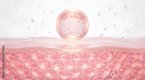 3d rendered microscopic skin layers showing healthy cell structure with glowing pink collagen spheres