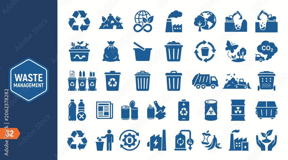 Fototapeta premium Blue vector icon set illustrating waste management, recycling, waste sorting, bins, composting, and environmental sustainability concepts.