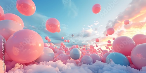 Dreamy pastel floating spheres in cloudscape with sunset sky 3D abstract background
