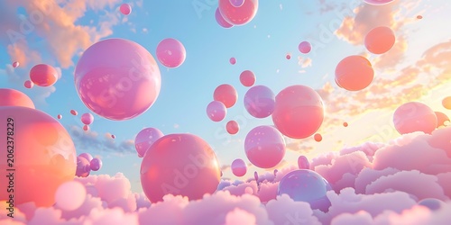 Dreamy pastel floating spheres in cloudscape with sunset sky 3D abstract background