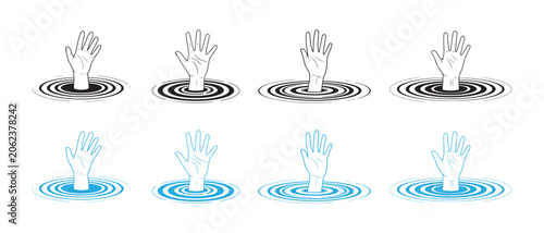 Foto Set of drowning hand icons reaching out of water ripples.