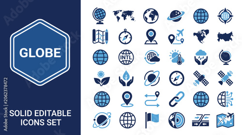 Globe solid editable icons set in blue for UI/UX design featuring world map, navigation, geography and branding icons