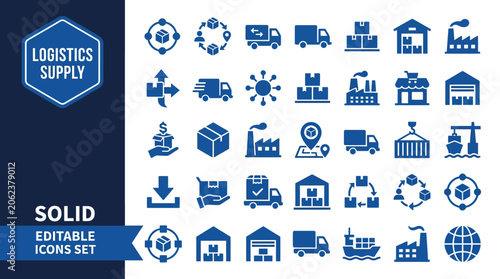 Comprehensive blue logistics and supply chain icons set featuring trucks, ships, warehouses, containers, forklifts, and cargo symbols for ecommerce, distribution, and transport optimization.