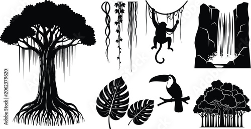 Canvas Print Tropical rainforest vector set with trees, vines, monkey, toucan, waterfall, and