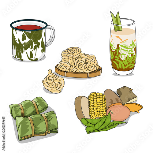 Traditional Indonesian set food with Dawet Drink in Glass Isolated on White Background