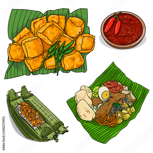 Set of Indonesian spicy culture food like Chili sauce, pecel with coconut sauce , fried tofu on banana leave