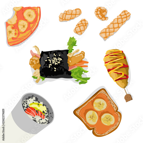 Set of street food Snack like kimbab, corndog,banana pie,fried shrimp, shusi, white bread and jam