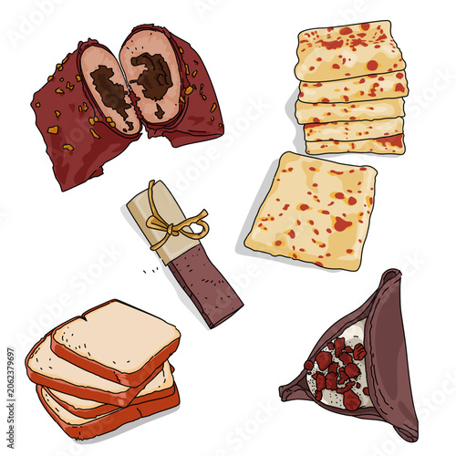 illustration of a set of sweet snack chocolate ice cream,sweet bread, chocolate candy bar, pie with white cream, tortilla skin