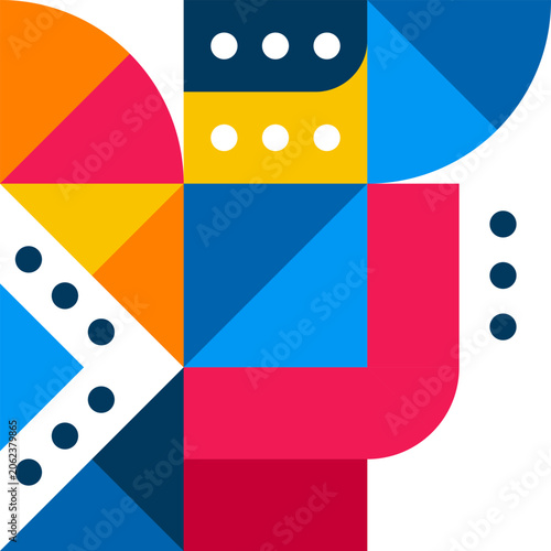 Abstract geometric seamless pattern in Bauhaus and Neo Memphis style. Vibrant background with circles, triangles, and dots.
