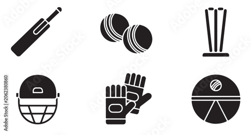 Foto Modern cricket gear vector set including bat ball wickets helmet and batting gloves icons