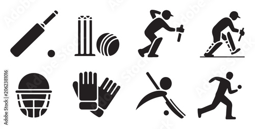 Foto Cricket sports activity icons showing batting running and fielding with essential equipment