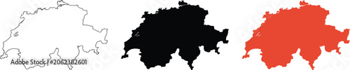 Switzerland map icons, outline, silhouette and national flag isolated on white background for geography, navigation, and travel projects.

