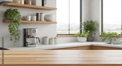 Bright modern kitchen countertop with coffee maker and plants ideal for product placement