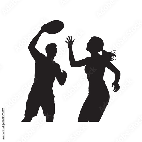 Schilderij op canvas Black Silhouette Vector Illustration Of A Man And Woman Playing Ultimate Frisbee