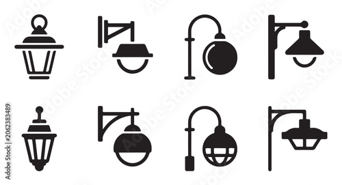 Bild auf Leinwand Collection of wall mounted outdoor lamp icons and hanging lanterns for exterior building