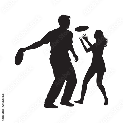 Foto Black Silhouette Vector Illustration Of A Man And Woman Playing Ultimate Frisbee