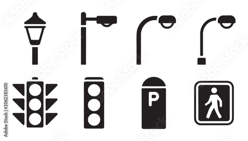 Cuadro en lienzo Urban city elements includes street lamps traffic signals and parking meter vector icons