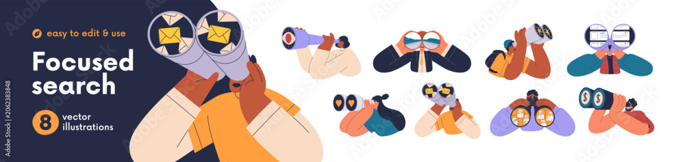 Fototapeta premium Focused search, vision concept set. People with binoculars looking for money, love, business requests, perspectives, future goals and dreams. Flat vector illustrations isolated on white background