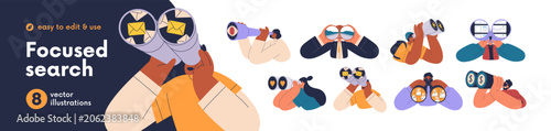 Focused search, vision concept set. People with binoculars looking for money,...