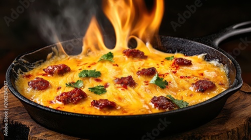 Queso flameado with melted cheese and chorizo in cast iron skillet with dancing flames and fresh cilantro garnish on wooden surface