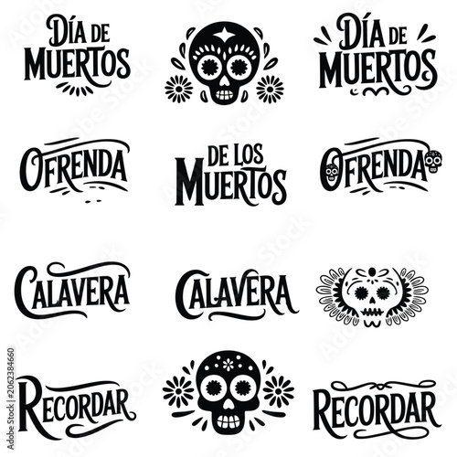 Día de Muertos Hand Lettering Bundle – Ofrenda, Calavera, Recordar Typography Designs for Day of the Dead Celebrations. Spanish Typography Art, Mexican Cultural Festival Decorations