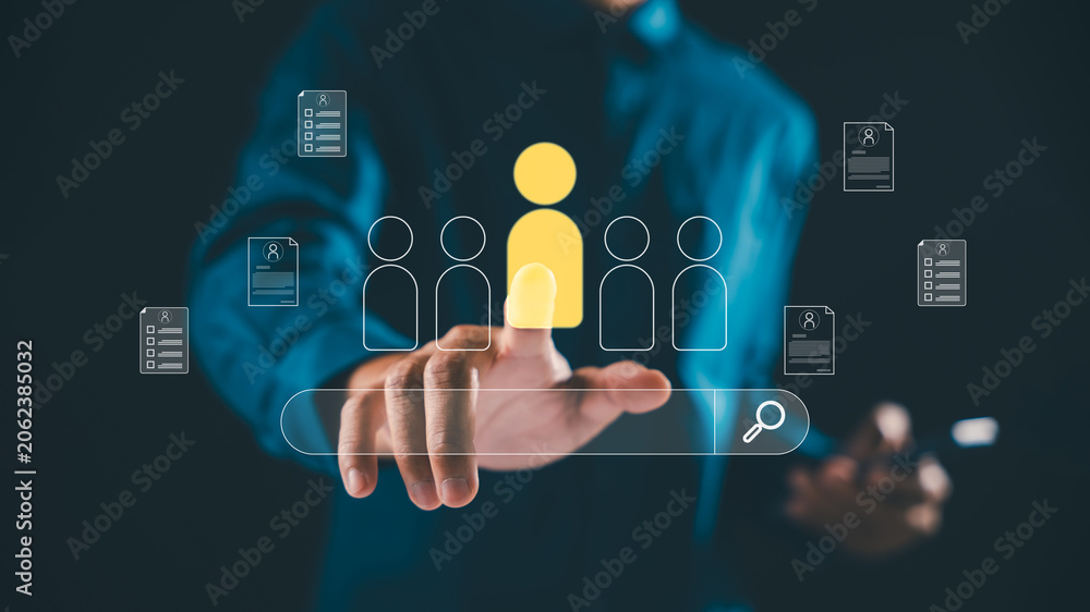 Obraz premium HRM human resource management manager staff human recruitment leadership target group interface featuring hand pointing toward yellow person icon for customer search and human development