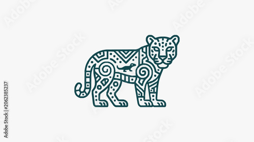 Photos Stylized Jaguar with Tribal Patterns and Lizard Icon.