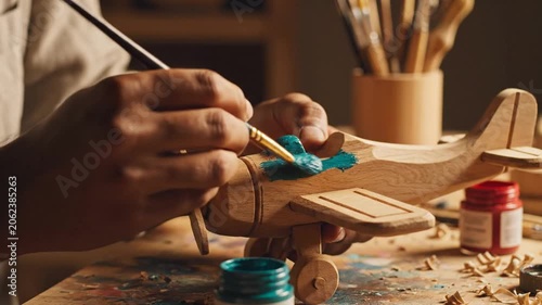 Wooden Toy Plane Crafting In Warm Studio Lighting Painting Details