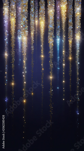 Winter Christmas night with glowing light reflections on water, snow particles and shining stars background