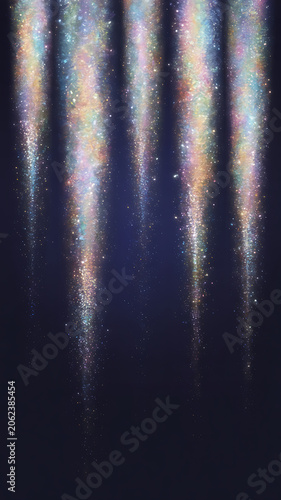 Cosmic night sky and galaxy lights reflecting on water with glowing stars and space particles in dark blue universe background